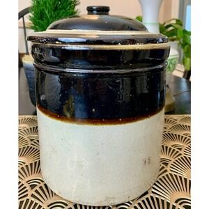 Antique bean pot crock with lid stoneware ceramic 12" two tone